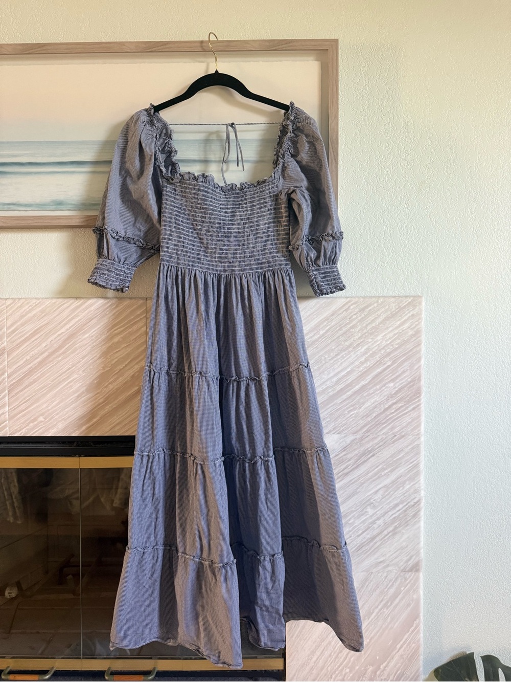 Hill House Slate Blue gingham Smocked Tiered Maxi Dress with Puff Sleeves